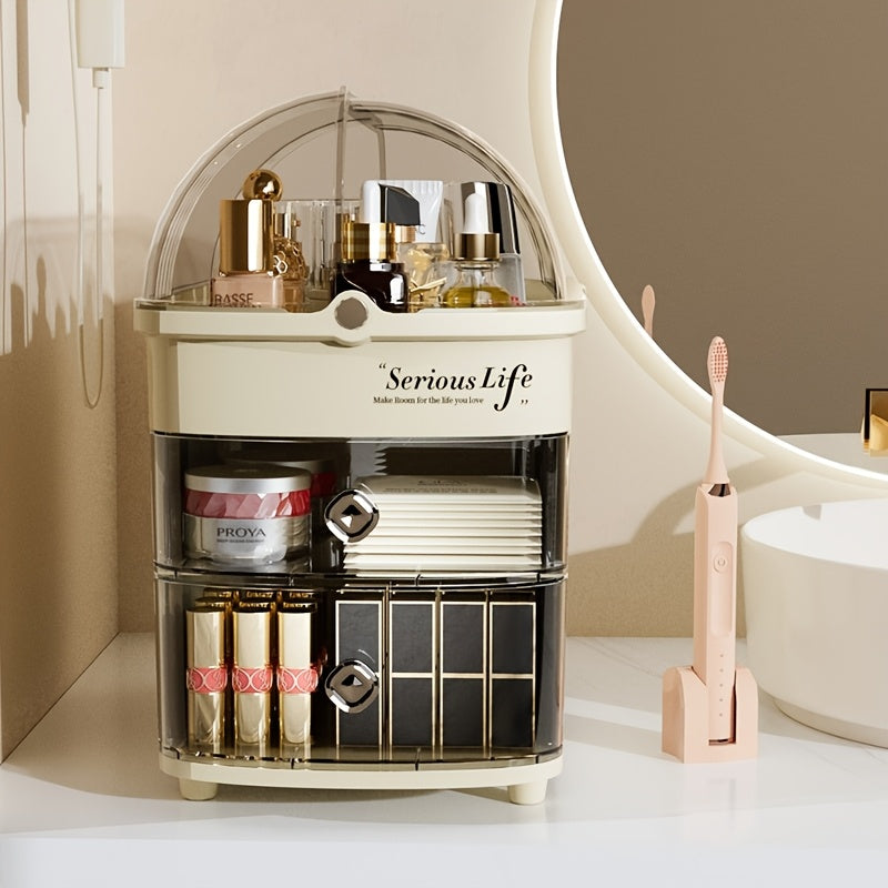 Life Declaration Large Multi-Layer Acrylic Makeup Organizer with Transparent Dustproof Cover - Beige Cosmetic with Golden-Toned Knobs, Freestanding Vanity Case for Skincare, Bathroom & Bedroom, 34.49cmL x 19.0cmW x 30.0cmH (Plastic, Makeup Organizers Sto