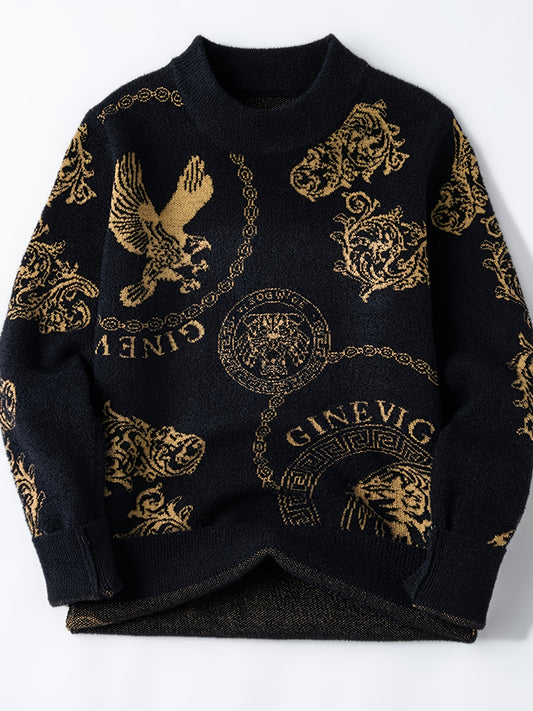 Men'S Thermal Sweater - Heavyweight Winter Knit Sweater with Eagle & Floral pattern, Mustard-Yellow & Black Colorblock, Slim Fit Pullover for Cold Weather, Formal & Casual Outfits - Warm Sweater for Everyday & Special Occasions, Seasonal Fashion, Stylish