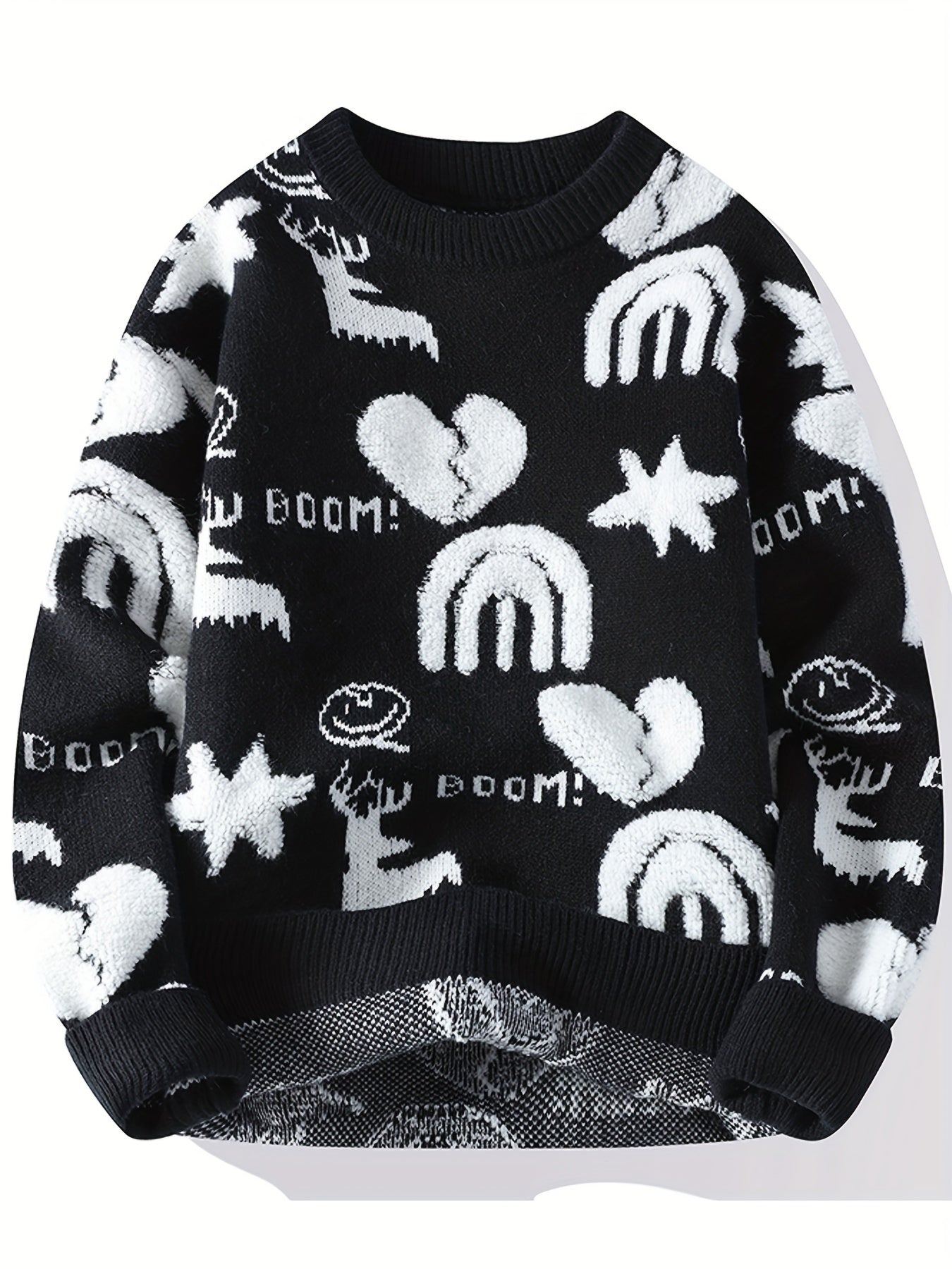 Genghis Men's Casual Winter Sweater - Thick Warm Black & Red Floral Print with Hearts, Stars & BOOM! Text, Loose Fit Round Neck, High Elasticity Machine-Washable for Autumn/Winter, Cozy Sweater, Trendy Outfit, Nontransparent Material