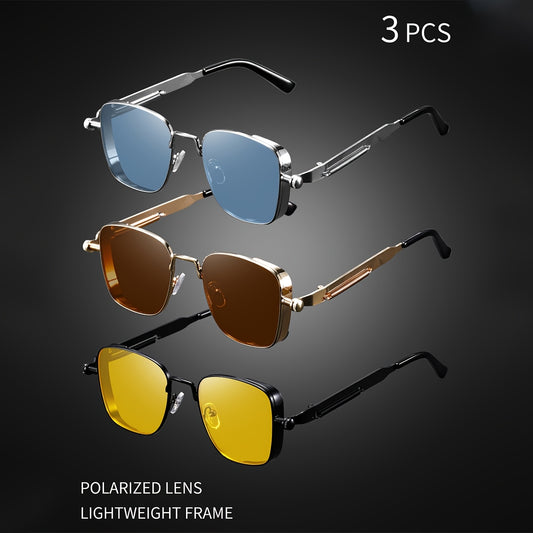 3pcs Vintage Square Frame Metal Glasses, Retro Punk Style Steampunk Spring Decor Lightweight Alloy Frame, PC Lenses, Full Rim, Daily Casual Wea