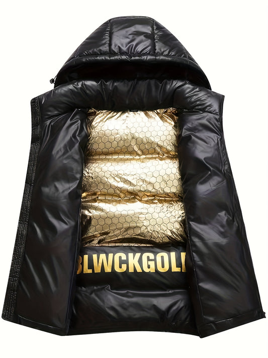 Men's Detachable Hooded Vest Jacket - Full-Zip Winter Coat with Padded Back, Machine Washable (No-Fill) for Layering, Outdoor & Casual Wear - Golden-Accent Logo (Compatible with Vests/Björk-like Outfits)