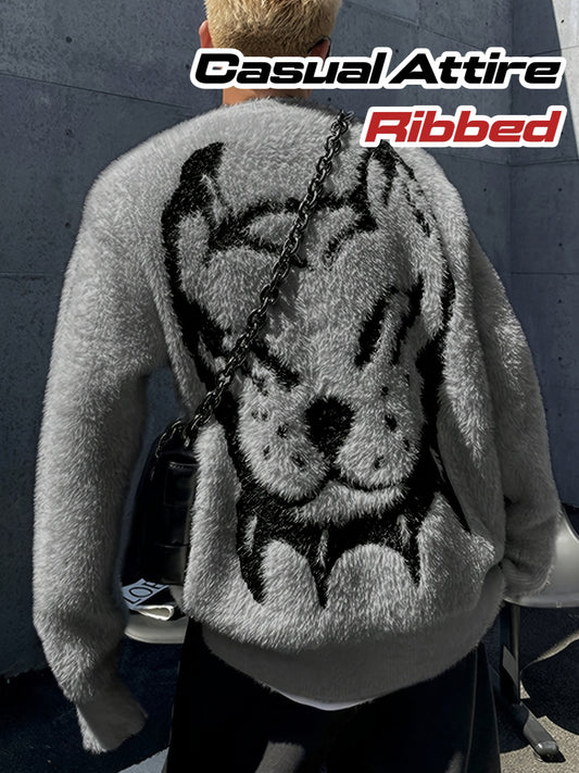 Men'S & Women'S Cozy Fall & Winter Knit Pullover with Black & White Tiger Print - Loose Fit, Long Sleeve, Crew Neck Sweater for Casual Attire, Allseason Sweater | Relaxed Fit Sweater | Ribbed Knit Texture