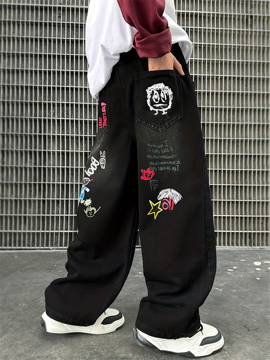 Y2K style cartoon print boys spring and autumn fashionable casual loose outdoor sports straight jeans male students spring and summer campus trend outing riding dance jeans