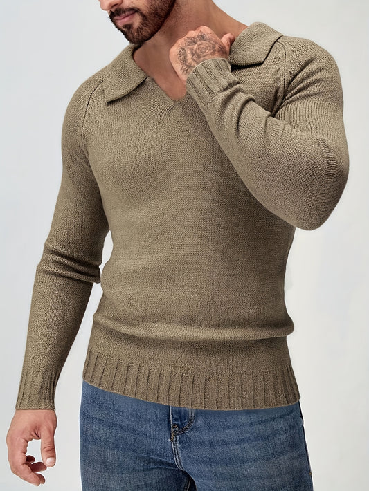 Men'S Vintage Style Thickened Solid Color Polo Shirt - Long Sleeve, Ribbed Texture, Button-Up Collar, Casual & Sporty, Regular Fit, Perfect for Fall/Winter, Casual Sportswear | Vintage Style Shirt | Ribbed Texture Shirt, Knit, Men V Neck Jumper And Sweat