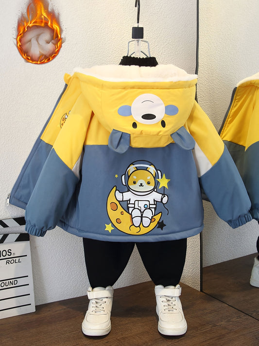Youngsters' Space Bear Astronaut Hooded Jacket - Cozy Fleece-Lined, Color Block Thick Outerwear with Cute Bear & Moon Print for Boys & Girls - Casual Zip-Up Loose Fit for Fall/Winter