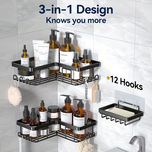 3-in-1 Design, 5-Tier Stainless Steel Shower Organizer with Soap Dish - Wall-Mounted, Corner Shelf for Bathroom, Kitchen, Countertop, 8 Hooks, 12 Hooks Option, Organizing Solution|Modern Wall Shelf|Durable Construction, Shower Organizer, Bathroom Organiz