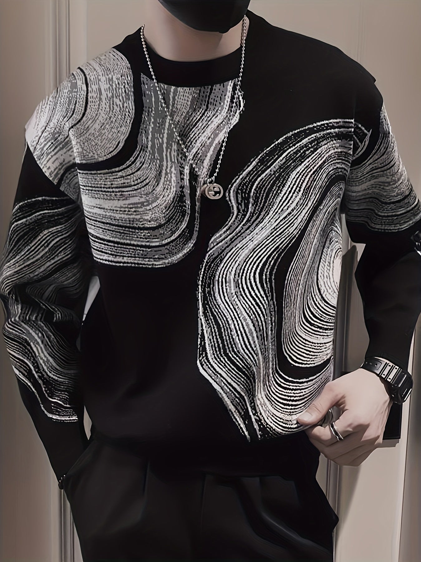 Temujin OBM Men's Fashionable Trendy Creative Jacquard Round Neck Long Sleeve Pullover Sweater