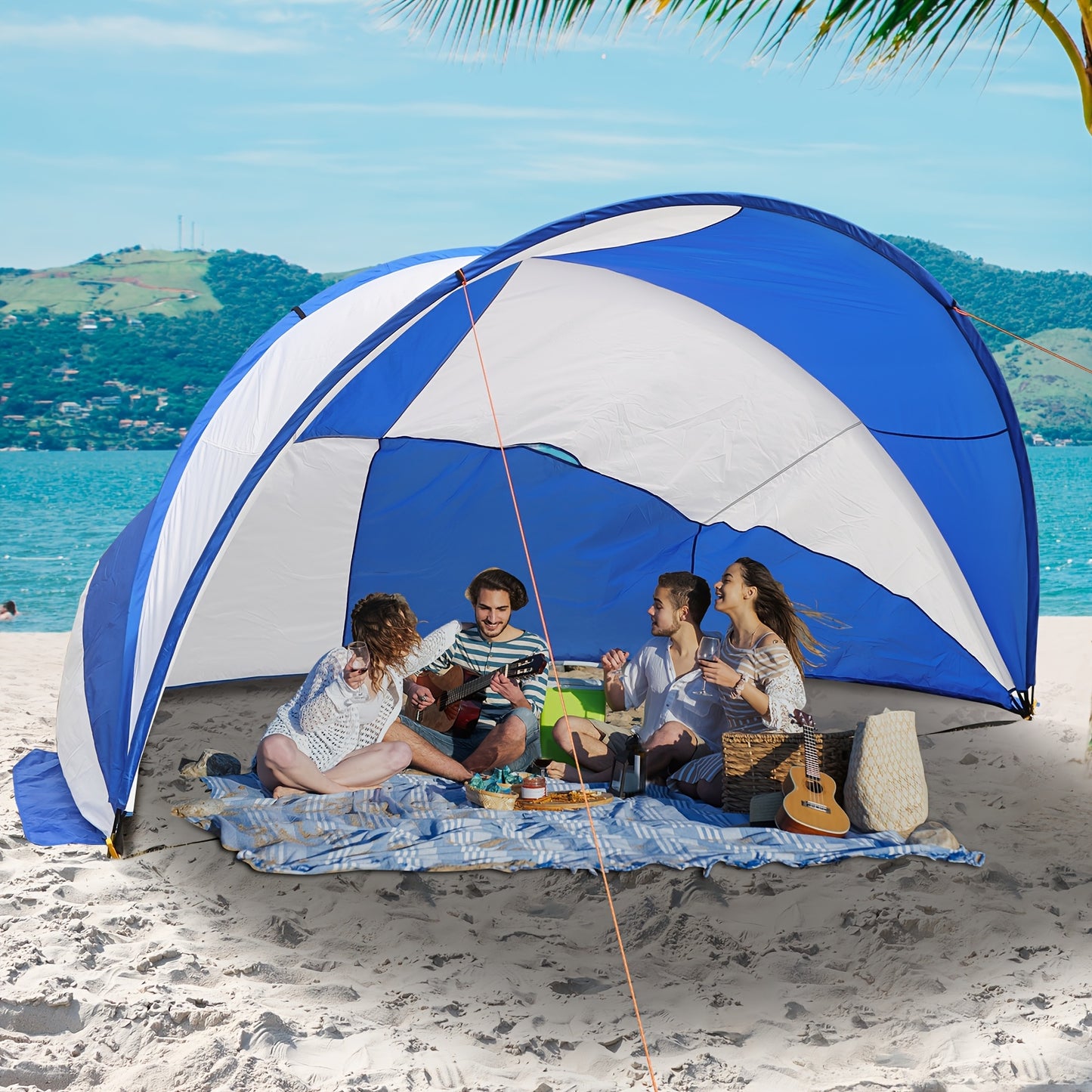 Portable Beach Tent for 4-5 Adults - Blue & White Sun Shelter with Drawstring Closure, Sand & Grass Resistant, Ideal for Camping, Picnics, and Backyard Outings