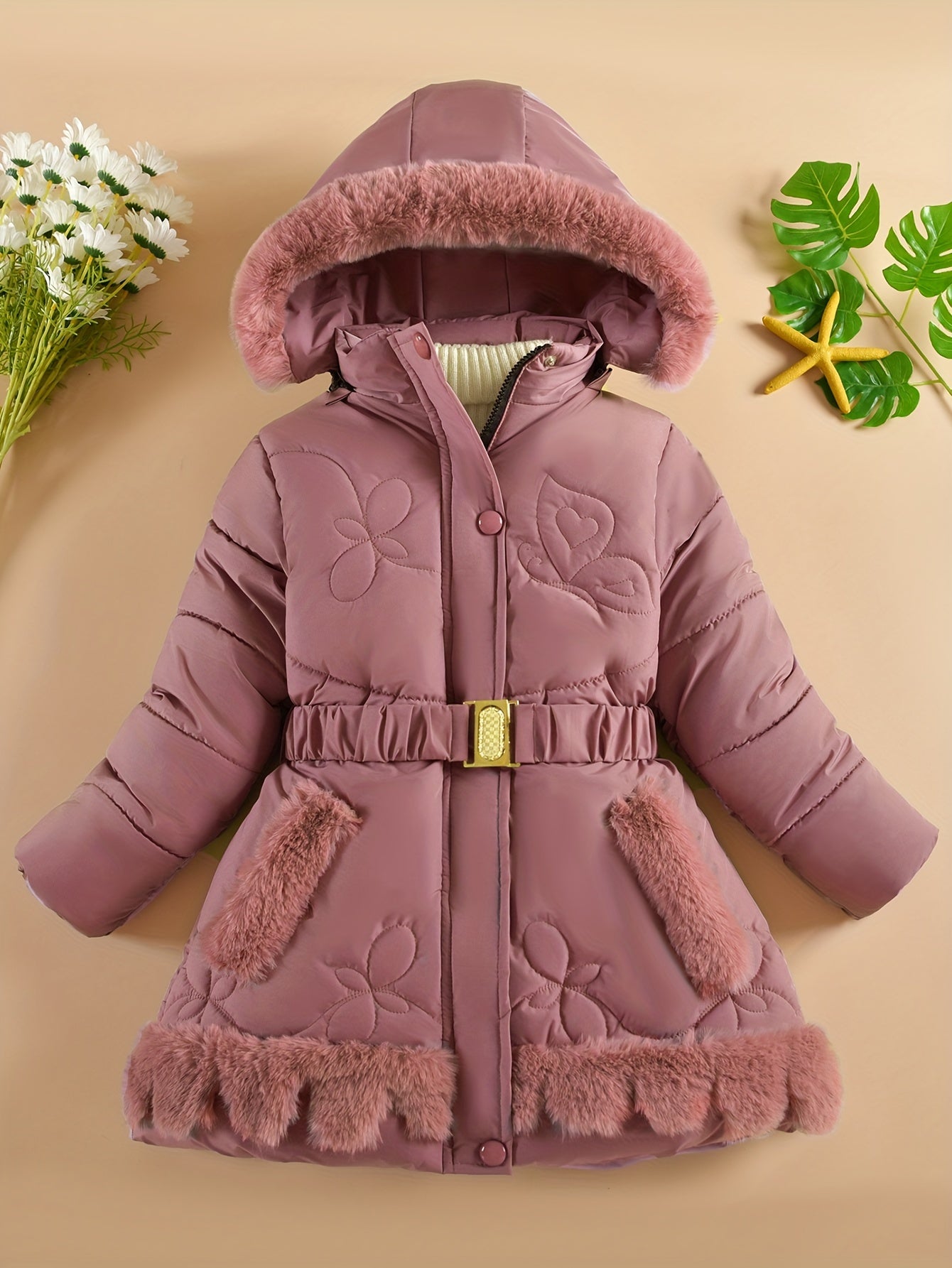 Casual Hooded Puffer Snow Suit for - 100% Polyester Belted Winter Jacket with Detachable Faux Fur Collar, Geometric Pattern, Non-Stretch Fabric & Polyester Fiber Filling, Thick