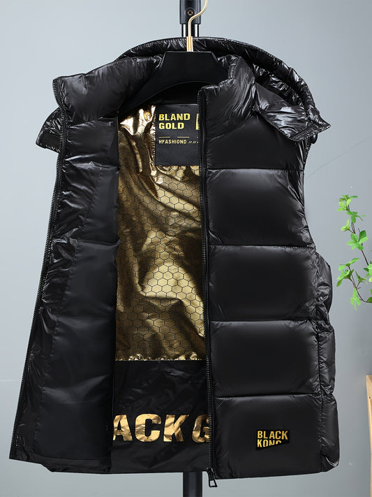 Men's & Women's Winter Jacket Vest with Hood - Full-Zip Coat, Golden-Tone Zipper & Black, Machine Washable - Unisex Cold Weather Outerwear for Skiing, Commuting, Activities (), Winter Clothes For Men, Winter Vest For Men, Winter Jackets For Men, Mens Win