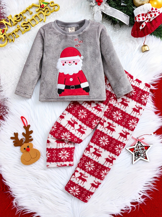 Boys' Pajamas Autumn/Winter 2-Piece Set, Long Sleeve and Trousers Crew Neck Pullover Flannel Loungewear Suit in Gray with Christmas Cartoon Santa Claus / Reindeer / Snowflake Prints, for Children Aged 4 - 7