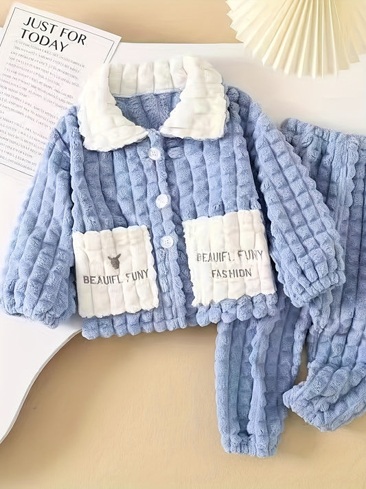 Boys' 2pcs Fall/Winter Pajama Set, Casual Lapel Collar Knit Polyester Sleepwear with Alphabet Pattern, Thick Fleece-Lined with Pockets and Buttons, Regular Fit