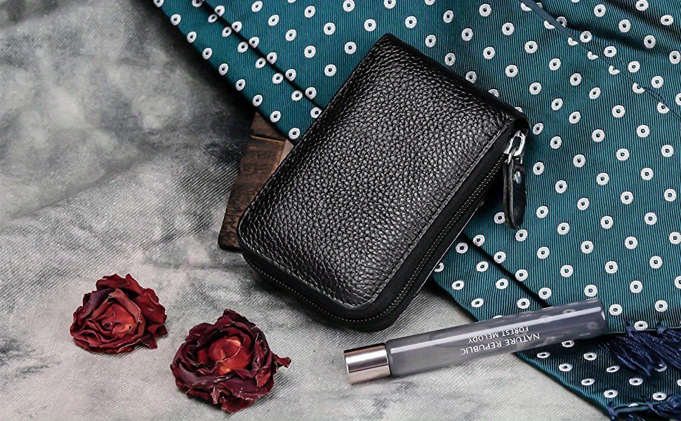 Genuine Leather RFID Blocking Credit Card Wallet for Men with Zipper