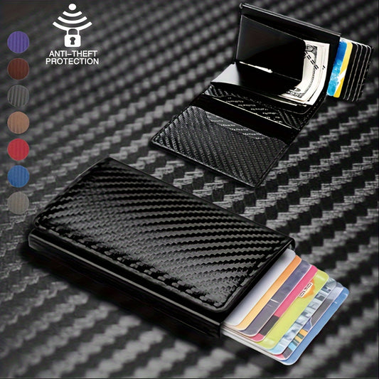 RFID Blocking Slim Metal Wallet - Card Cases with Carbon Fiber, Pop-Up, Minimalist Design, Small Black Purse for Men - Durable, Thin, and Stylish Credit Card Holder