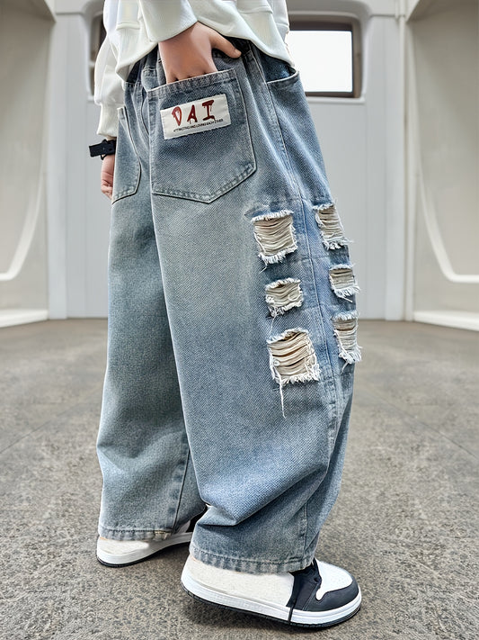 Boys' -Wash Blue Distressed Denim Jeans - Heavyweight 100% Casual Pants with Frayed Hem & Ripped Knee Design, Spring/Fall Season Comfortable Casual Attire for Teen Boys (Hand Washable) - Ideal for Layering & Casual Outfits, Relaxed Fit with Classic Five-