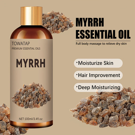 TOWATAP Premium Myrrh Essential Oil 100ml/3.4fl.oz - Alcohol-Free, Heat Protection for Light Beige & Hair, Ideal for Diffusers, Humidifiers, Candles, Massage - All Light Beige Types, Home & Hotel Use, Fragrance, Diffuser Oil, Sleek Bottle Design, Natural