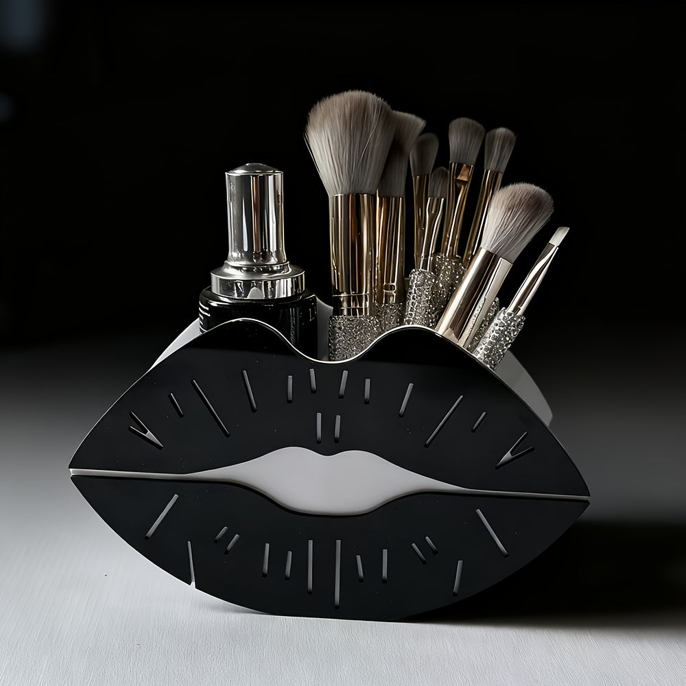 1pc Black Lip-Shaped Makeup Organizer - Lightweight Plastic Cosmetic Storage Box with Multiple Compartments, Ideal Mother'S Day Gift, Vanity Storage Solution|Sleek Black Finish|Functional Design, Makeup Brushes
