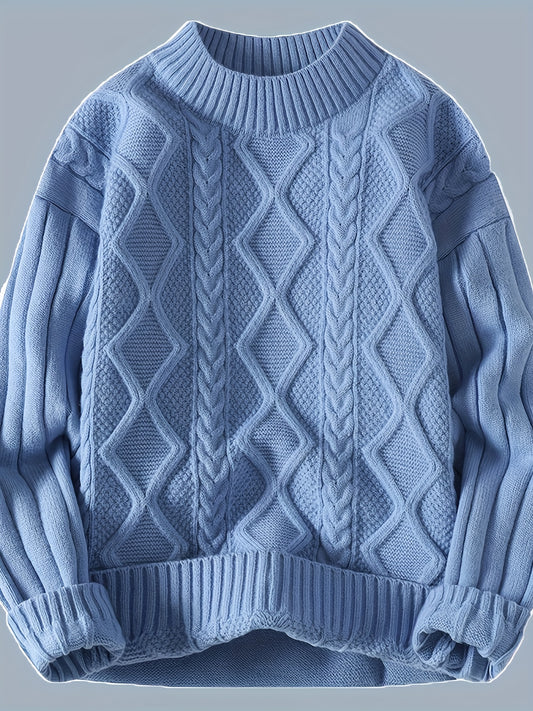 Men'S Cozy Blue Cable Knit Sweater - Long Sleeve, Crew Neck, Ribbed Texture, Perfect for Fall/Winter, Casual Style, Casual Winter Wear | Cable Knit Sweater | Construction, Sweater Vest, Men Jumper And Sweater, Men Jumper Knitwear, Men Jumper Blue, Sweate