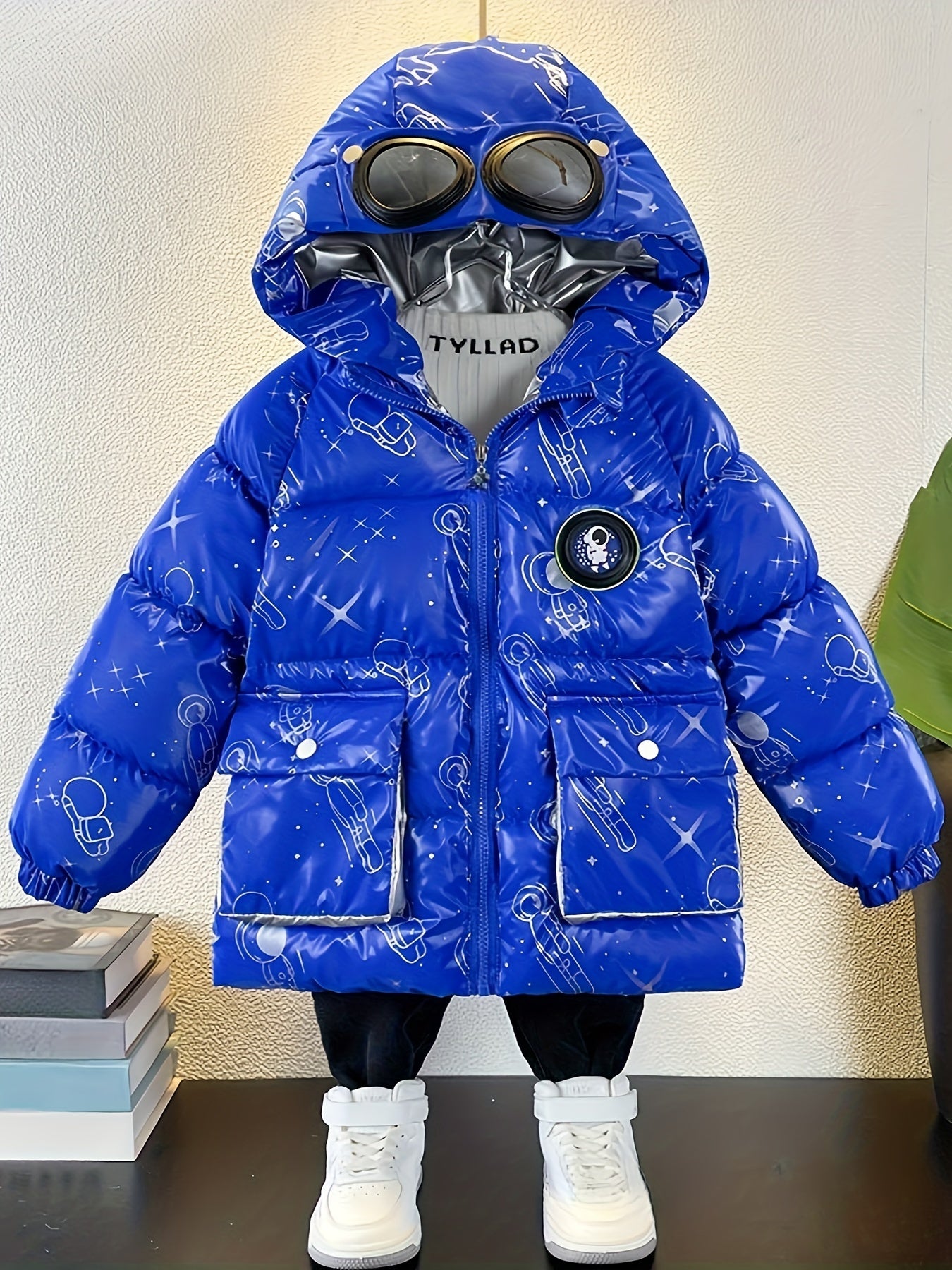Boys' & Girls' Winter Hooded Jacket with Bear & Glasses Design - Warm Fleece-Lined Zip-Up Coat, Loose Fit Casual Outerwear for Ages 3-10, Perfect for Halloween, Thanksgiving, Christmas Gifts, Winter Coat, Playful Kids' Fashion, Durable Kids' Clothin