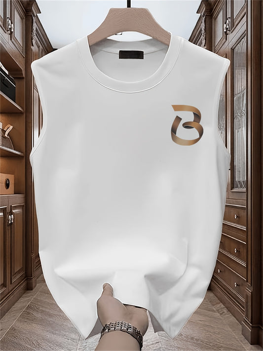 Men'S Heavyweight Cotton Sleeveless Graphic T-Shirt - Bold Golden '8' Geometric Print, Loose Fit Casual Summer Vest Top, Breathable Round Neck Tee for Casual Attire & Holiday Gifts (Father'S Day, Valentine'S Day), Comfortable Daily Wear, Modern Casual St