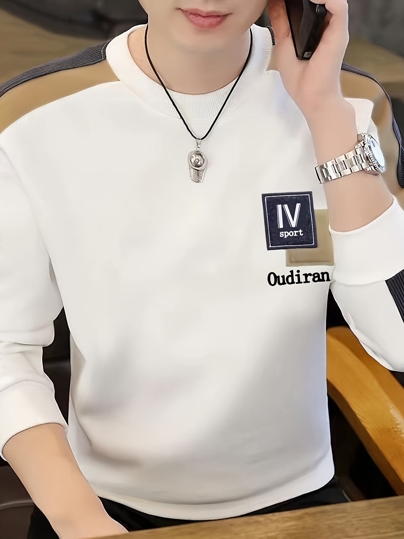 [Autumn Chic] Chic Color Block Crew Neck Sweatshirt - Casual Long Sleeve Pullover with Logo, Machine Washable, Polyester Blend for Spring & Autumn, Spring Autumn Apparel|Trendy Sweatshirt|Smooth Texture Fabric, Cute Sweatshirts