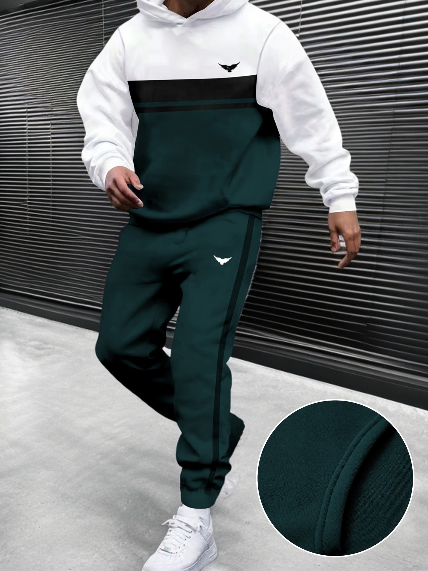 Men's Sweatshirt Patchwork Drawstring Hoodie and Sports Pants 2pcs Set