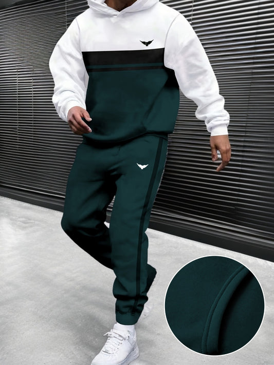 Men's Sweatshirt Patchwork Drawstring Hoodie and Sports Pants 2pcs Set