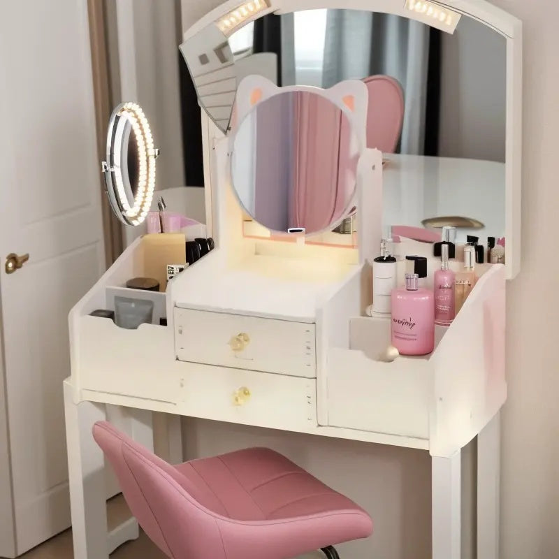 Modern Minimalist Vanity - Large Mirror Freestanding Wooden Dressing Table, 68.58 cm Tall and 39.88 cm Deep with 4 Drawers + Open Shelves, No Assembly Required, Suitable for Bedroom, Living Room, Bathroom