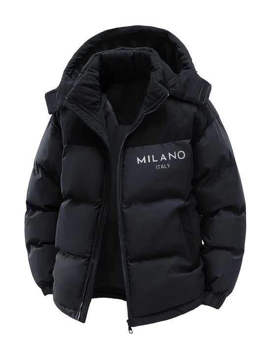 Men'S Casual Faux Fur Jacket with "MILANO ITALIA" Print - Lightweight Hooded Outdoor Coat, Beige, Regular Fit, Pockets Included, Polyester Fabric, Perfect for Casual Wear, Hooded Jacket