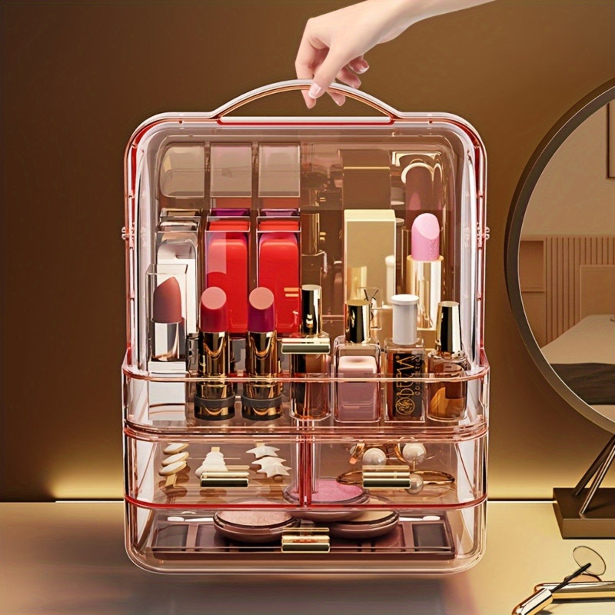 1 Transparent, Portable Cosmetic Display Box with Drawers, Home Beauty Organizer, Portable Travel Makeup Bag, No Need for Power, Lightweight and Durable Design, Skincare Product Classification and Storage, Simple and Fashionable
