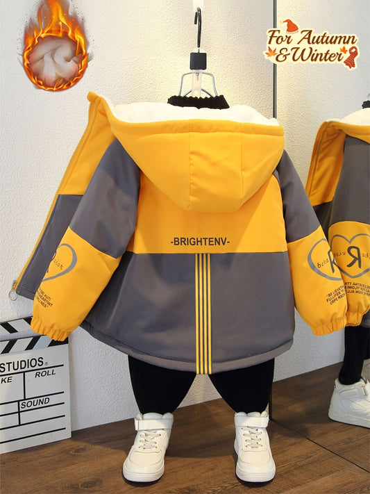 Youngsters' Brightten Autumn & Winter Parka - Cozy Fleece-Lined Thick Hooded Jacket with Love & Letter Print, Contrast Yellow & Gray, Loose Fit, Zip-Up Closure for Boys & Girls