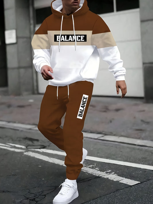 2025 Autumn/Winter New Streetwear Men'S Hooded Sweatshirt Set with Contrast Color Design, Designer Letter Print for Outdoor Sports and Casual Dates (Top + Pants Two-Piece), Outdoor Sports Clothing, Casual Wear, Streetwear Fashion, Contrast Color Des