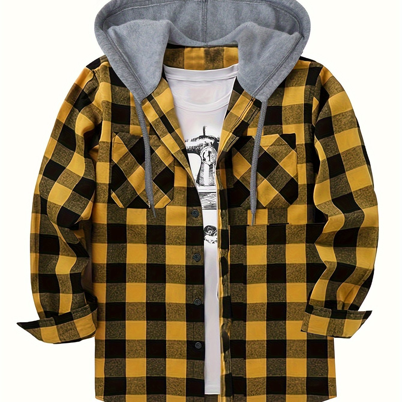Long Sleeve Casual Regular Fit Button Up Hooded Shirts Jacket, Plaid Shirt Coat For Men