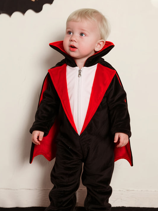 Vampire Outfit with Cape - Black & Red Halloween Party, Stand Collar, Loose Fit, Perfect for Spring/Fall, Halloween, Dramatic Style, Comfortable Wear