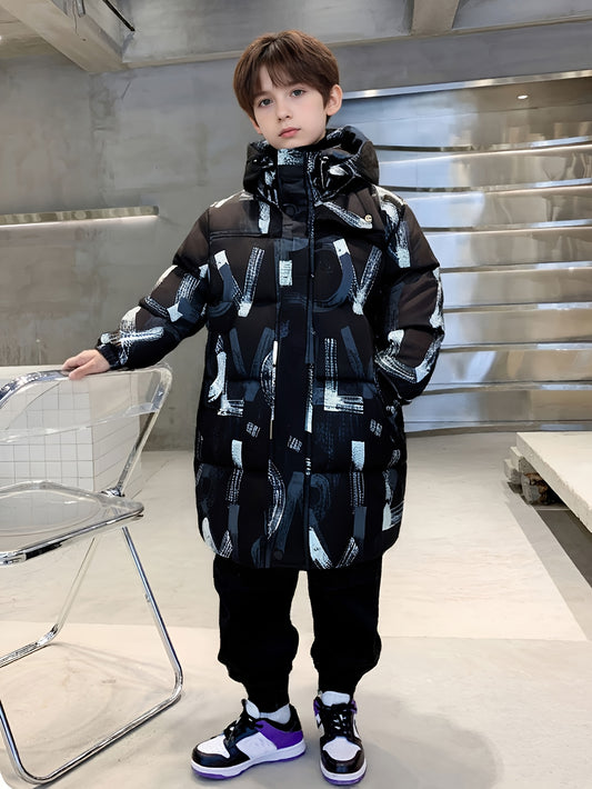 Boys' Winter Hooded Jacket with Letter Print - Mid-Length Warm Coat, Polyester-Filled, Regular Fit, Black & White Design, Perfect for Cold Weather, Winter Coat for Boys, Casual Outerwear, Durable Outerwear