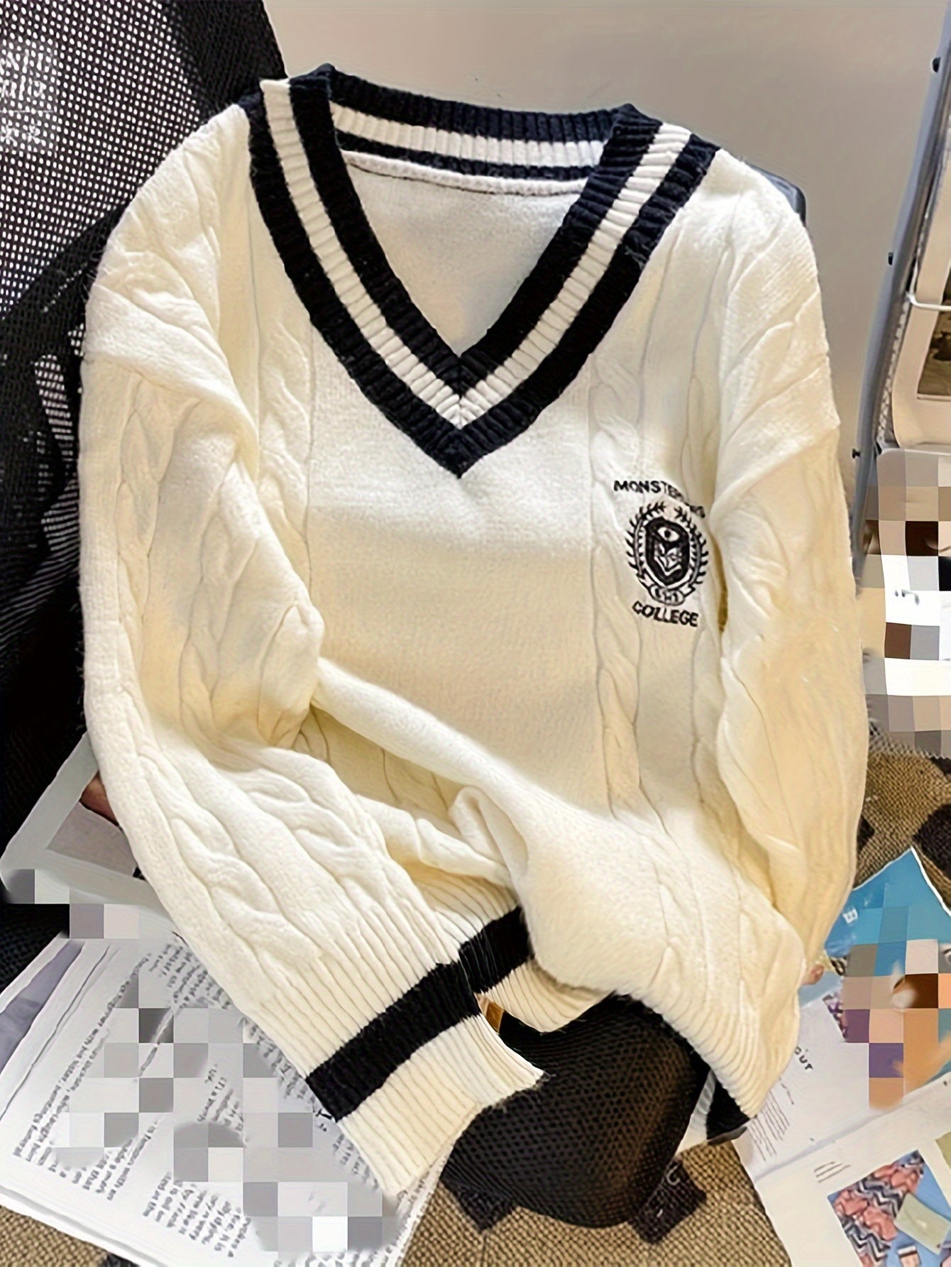 Women's Elegant V-Neck Sweater with Contrast Stripes & Badge - & Black Accents, Medium Stretch All-Season Pullover for Casual or Formal Wear