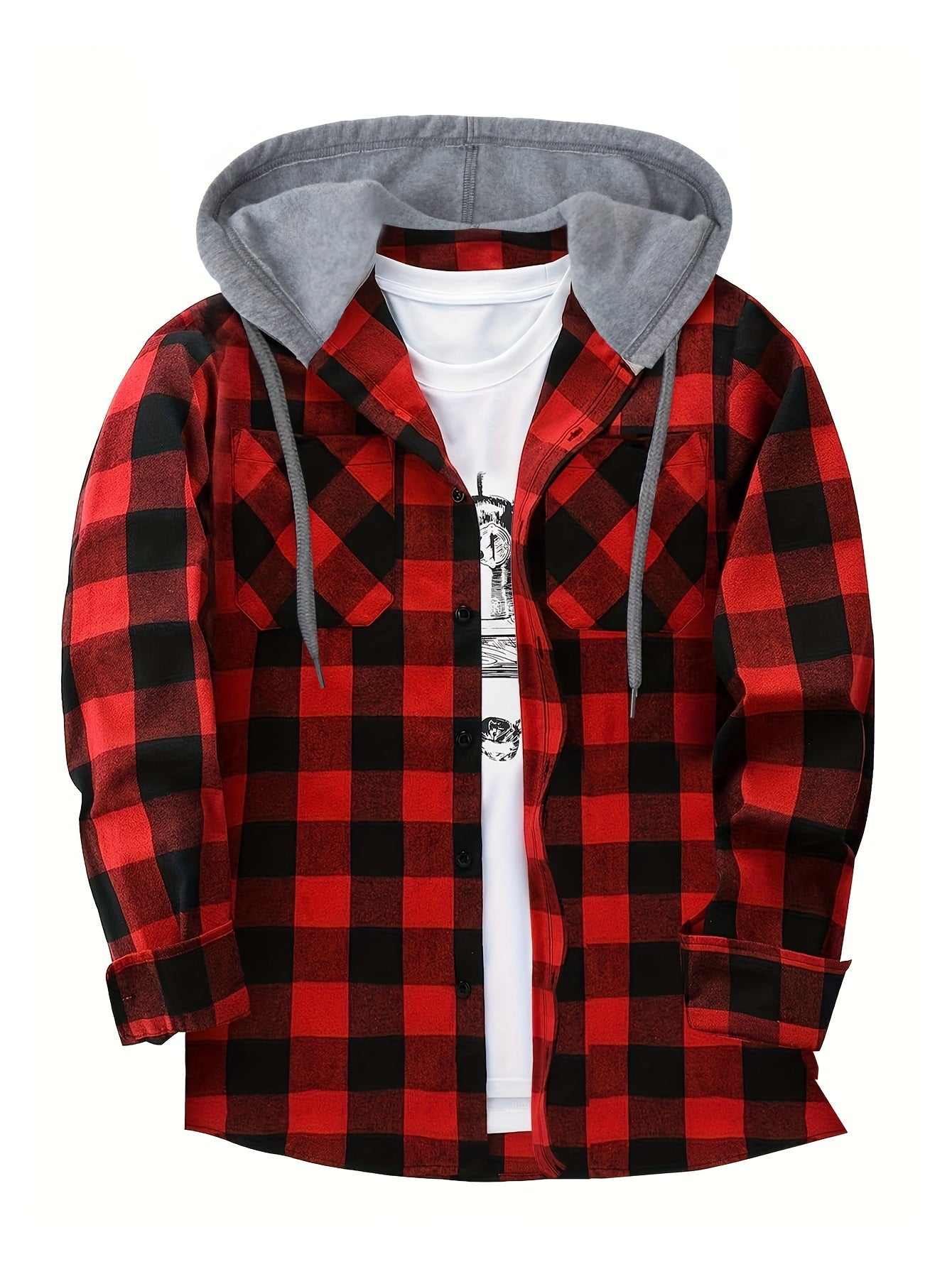 Long Sleeve Casual Regular Fit Button Up Hooded Shirts Jacket, Plaid Shirt Coat For Men