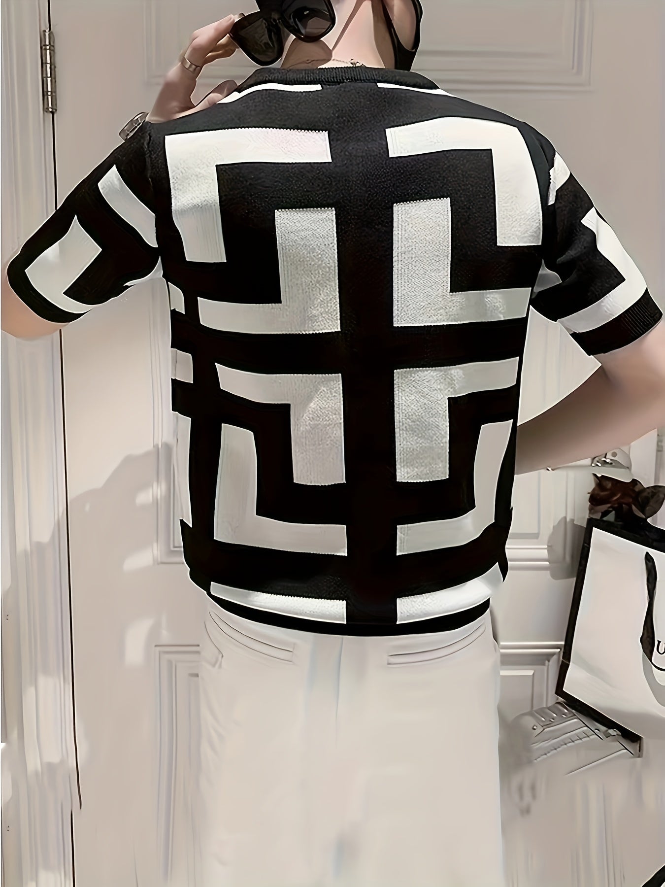 Men's Slim Fit Short Sleeve Knit Sweater - Black & White Geometric Grid Pattern, Breathable Round Neck Pullover for Outdoor Hiking & Casual Wear, Spring Summer Fall, Hiking Gear, Comfortable Knitwear