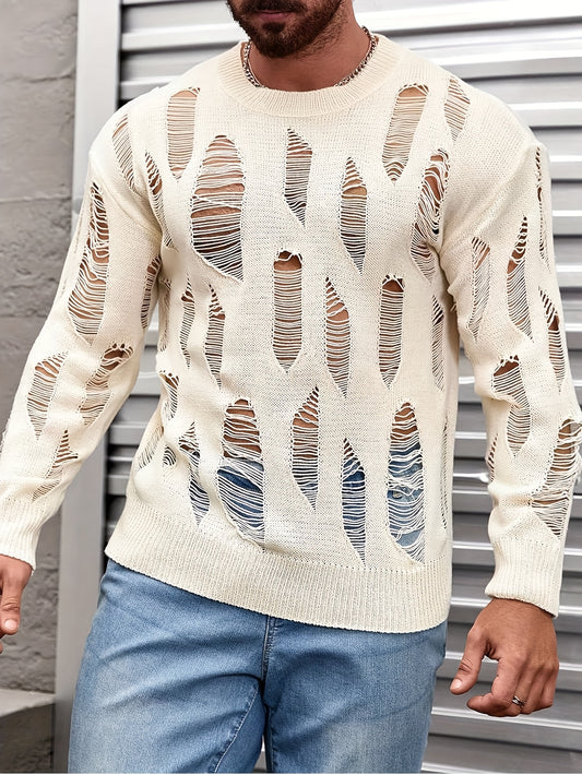 Men's Sexy Edgy Black Knit Sweater with Cut-Out Details - Slim Fit Stretchy Semi-Sheer Pullover, Machine Washable Round Neck Top for Spring/Fall, Spring Fall Apparel, Trendy Knitwear, Comfortable Wear
