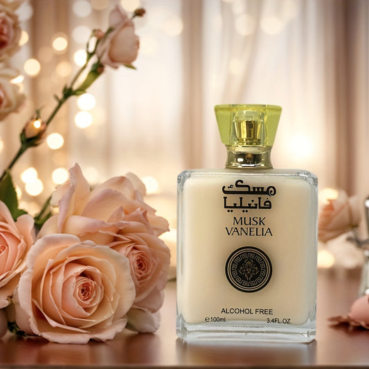 100ml Long-Lasting Alcohol-Free Musk Vanilla Perfume - Luxury Middle Eastern-Inspired Oriental Scent for Women & Men, Elegant Amber Perfume Oil in Clear Glass Bottle with Golden Cap, Beige Scented Gift for Birthdays, Anniversaries, Daily & Special Occasi