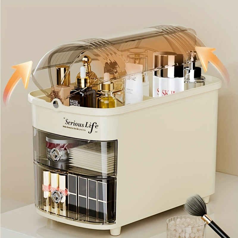 Life Declaration Large Multi-Layer Acrylic Makeup Organizer with Transparent Dustproof Cover - Beige Cosmetic with Golden-Toned Knobs, Freestanding Vanity Case for Skincare, Bathroom & Bedroom, 34.49cmL x 19.0cmW x 30.0cmH (Plastic, Makeup Organizers Sto