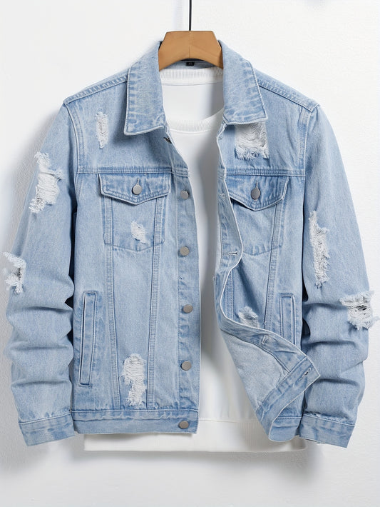 Men'S Distressed Denim Jacket - Light Blue Casual Workwear with Button-Up Front, Chest Pockets, and Frayed Details, Regular Fit for Casual Attire, Casual Outerwear | Frayed Denim Jacket | Frayed Details