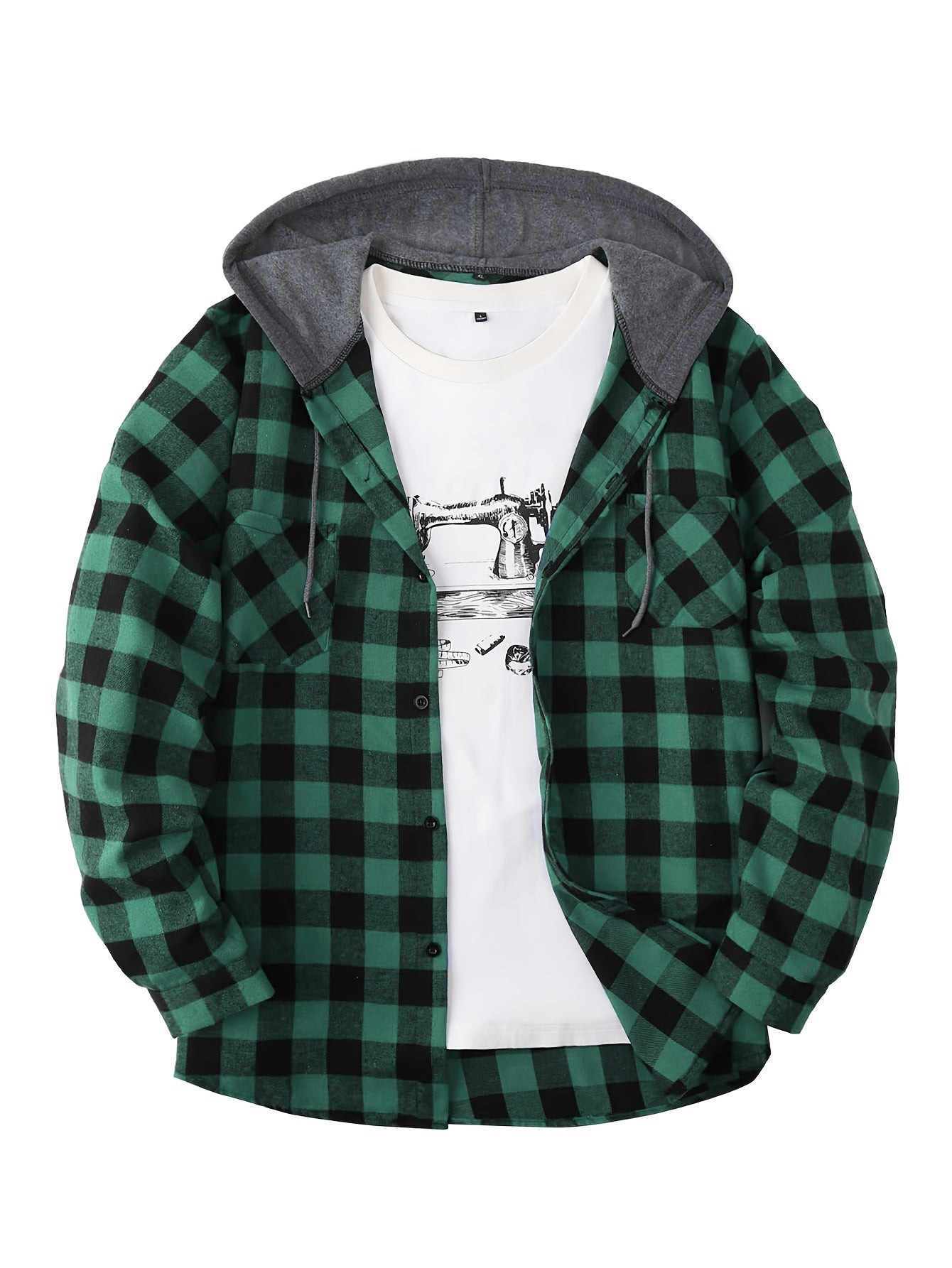 Long Sleeve Casual Regular Fit Button Up Hooded Shirts Jacket, Plaid Shirt Coat For Men