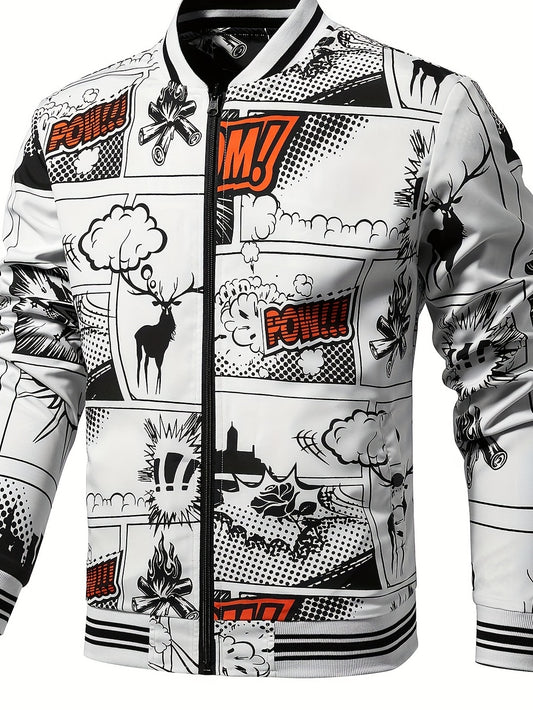 Men's Cartoon Print Jacket With Pockets, Casual Baseball Collar Zip Up Long Sleeve Outwear For Outdoor