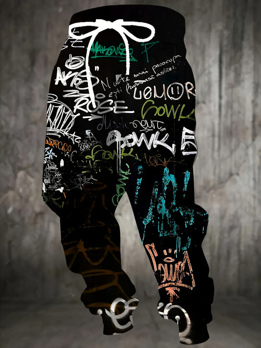 Men's 3D Graffiti Print Casual Polyester Sweatpants with Drawstring and Pockets | Slight Stretch Knit Fabric | All Over Print Regular Fit Joggers