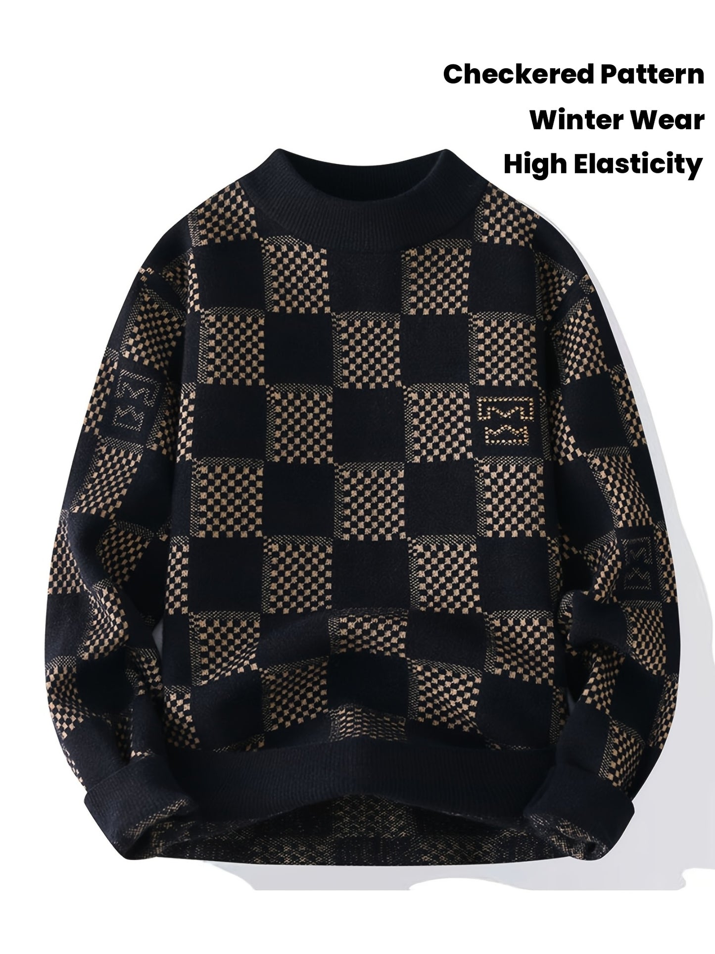 SENMEIGUO Men's Slim Fit Thermal Knit Sweater - Black & White Checkered Pattern, High Elasticity Round Neck Long Sleeve Pullover for Autumn Winter Casual Wear, Winter Sweater, Autumn Wardrobe, Modern Checkered, Comfortable Winterwear