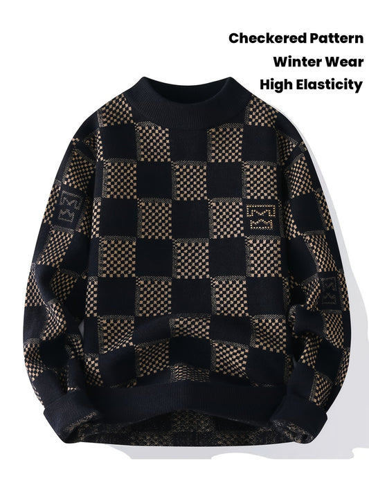 SENMEIGUO Men's Slim Fit Thermal Knit Sweater - Black & White Checkered Pattern, High Elasticity Round Neck Long Sleeve Pullover for Autumn Winter Casual Wear, Winter Sweater, Autumn Wardrobe, Modern Checkered, Comfortable Winterwear
