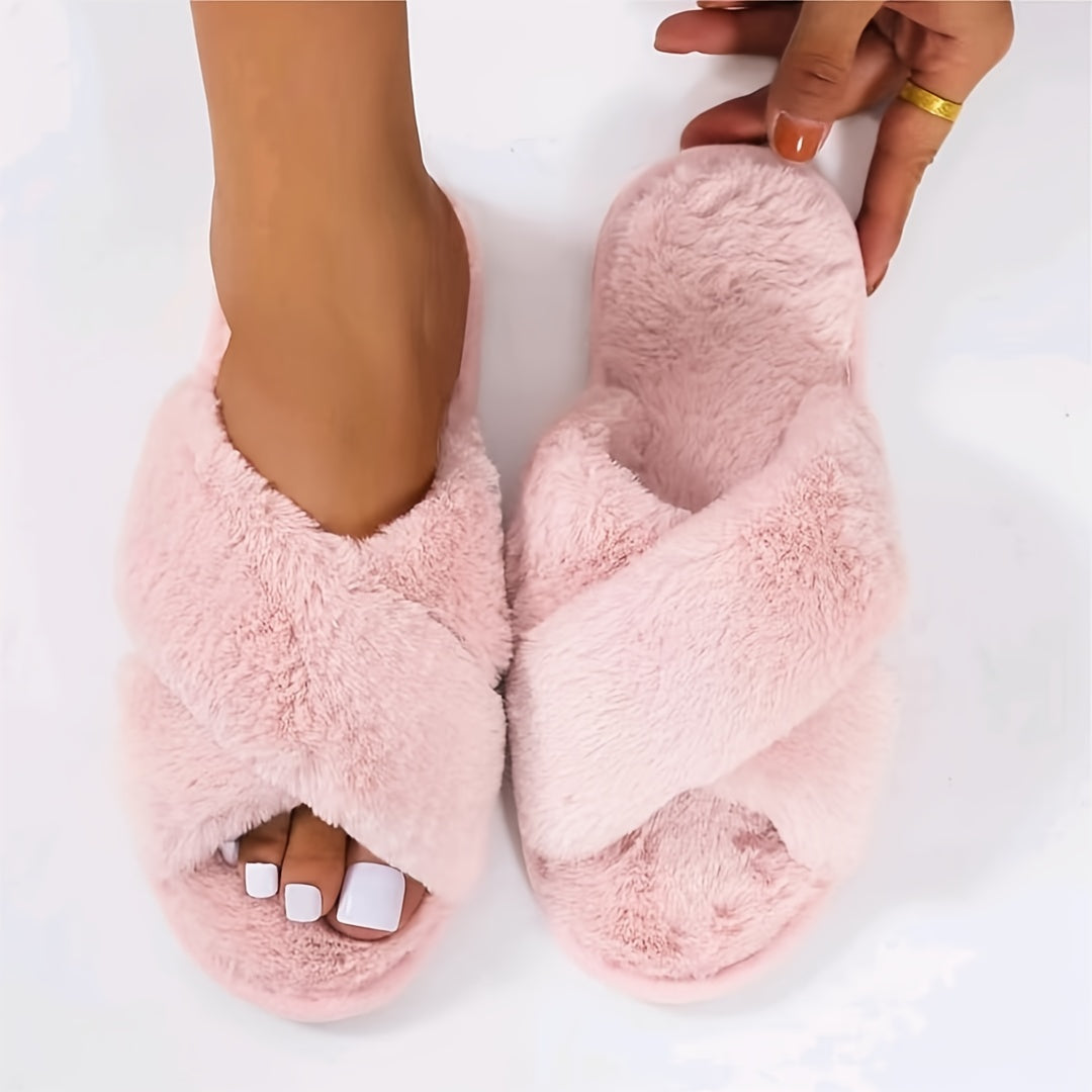 Cozy Crisscross Furry Slippers - Women's Warm Plush Fuzzy Flat Open Toe Home Shoes with Soft Comfy Insoles - Perfect for Lounging Around the House