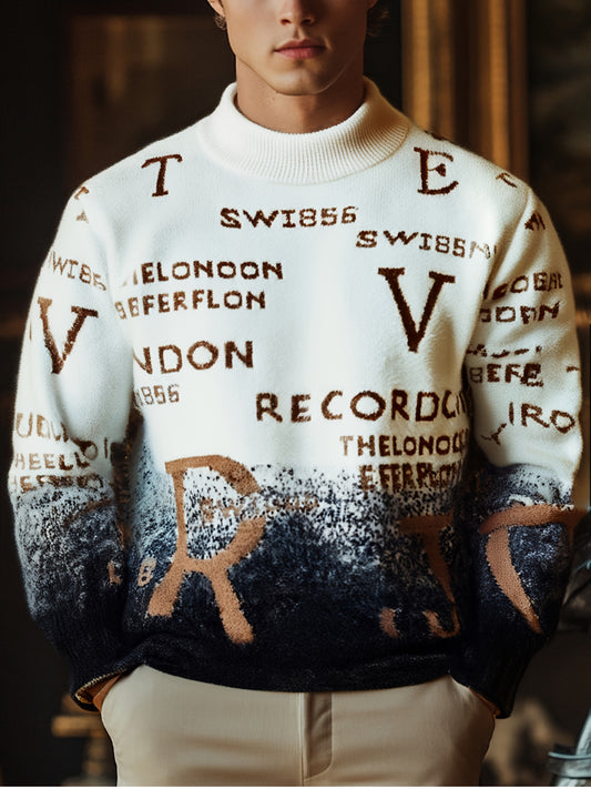 Men'S Slim-Fit Color-Block Letter Print Sweater - Soft, Warm, and Durable Long Sleeve Pullover for Fall/Winter, Casual Business Style, Round Neck, Light -Friendly, No Ironing Required, Casual Winter Wear | Trendy Casual Style | Soft Sweater