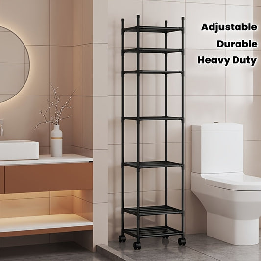 Adjustable Storage Shelf - Freestanding Heavy-Duty Iron Frame with Wheels, Multi-Tier Shelves for Bathroom, Laundry Room & Living Room Organization - Black Finish Space-Saving Utility Rack, Bathroom Organizers And Storage, Sleek Modern Look, Wheel Equipp